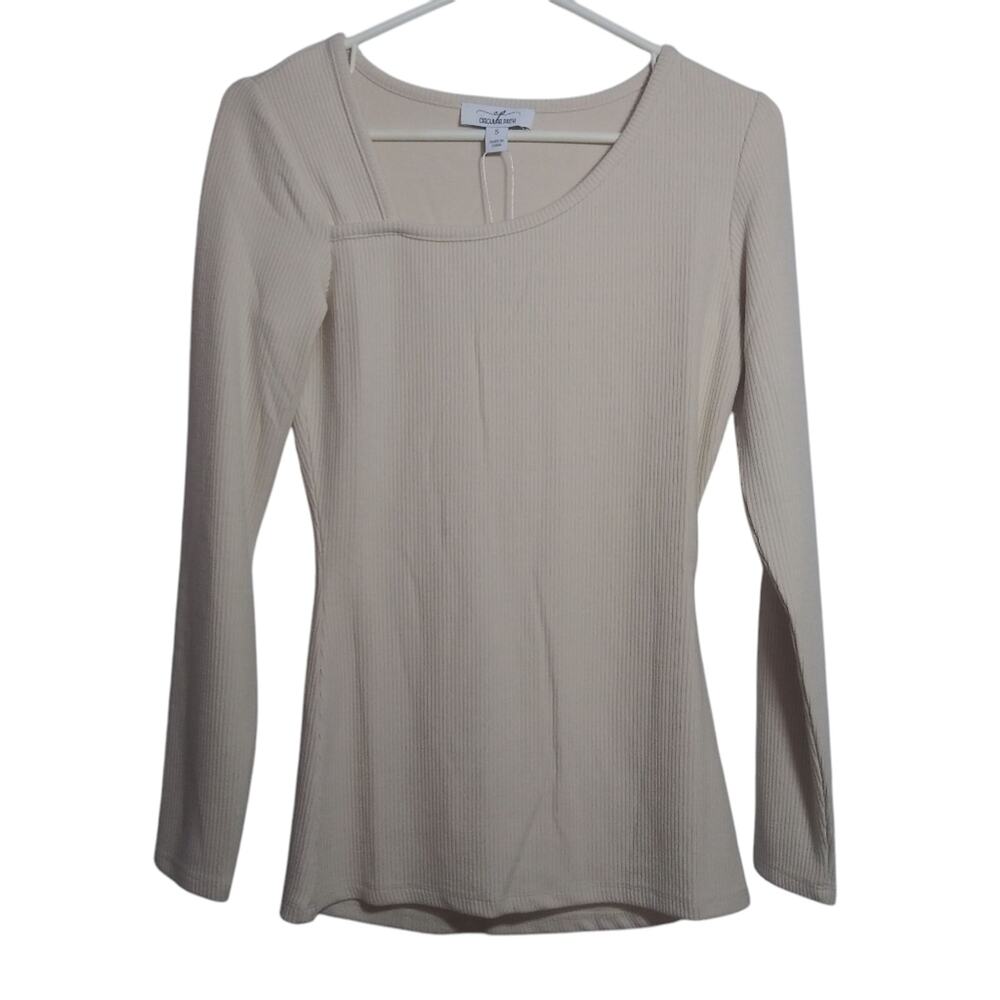CP Circular Path Cream Basic Ribbed Long Sleeve Asymmetrical Neck Top Size Small